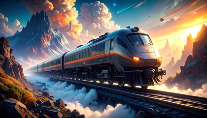 A majestic train hurtles through a fantastical mountain landscape at sunrise