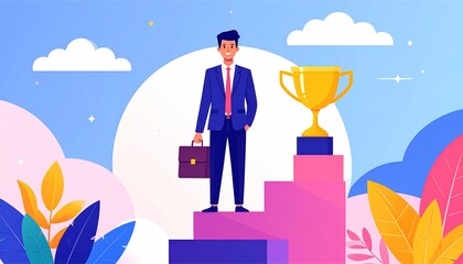 Fototapeta premium An illustration of a businessman standing on a winner's podium with a golden trophy. He holds a briefcase and embodies confidence and ambition, representing the concept of success