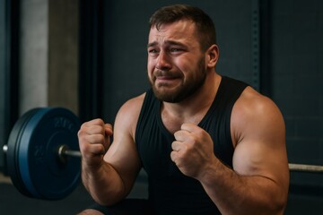 Male powerlifter celebrating victory with tears of joy and clenched fists after successfully completing a challenging lift