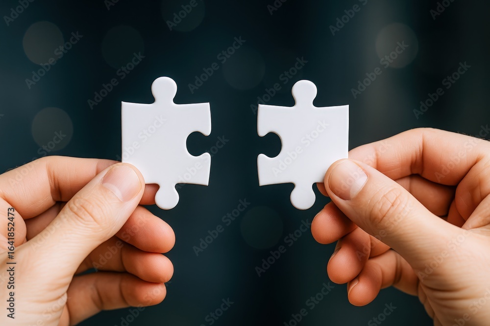 Poster connecting pieces: hands holding jigsaw puzzle elements ready to merge for solution and strategy