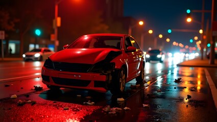 Fototapeta premium Car accident at dark street at night on a wet city street.