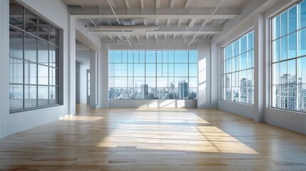 Obraz premium Bright and Spacious Empty Loft Interior with Large Windows and City View, Perfect for Commercial Use