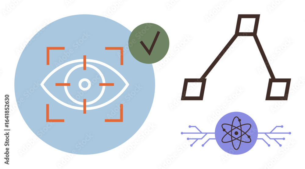 Poster eye tracking with approval checkmark, branch decision flowchart, and connected atom as microchip. id