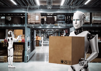 Innovative industry robot working in warehouse for human labor replacement . Concept of artificial...