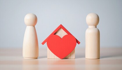 A tender scene symbolizing love and home with wooden figurines and a heart-shaped decor 