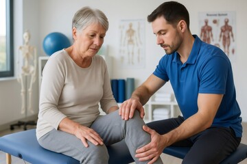 Doctor examining a senior woman's injured knee during a physiotherapy session in a clinic, focusing on rehabilitation and recovery