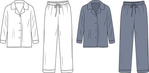 Cozy pajama set illustration, sleepwear fashion flat sketch, button-down top and pants, comfortable loungewear outfit, nightwear design template