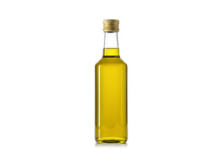 Glass olive oil bottle isolated on white background.