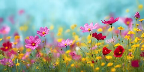 A vibrant field of cosmos flowers in full bloom, showcasing the beauty of nature with colorful petals under a bright, sunny sky in a dreamy landscape