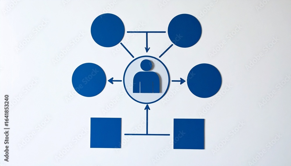 Poster conceptual illustration of a central figure connected to different nodes, representing a network or 