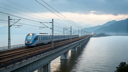 Naklejka premium Modern train on a bridge over water with a scenic landscape view