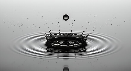 Dynamic close-up of a water drop splash creating a perfect crown on a calm, gray surface, illustrating ripple effect and motion.