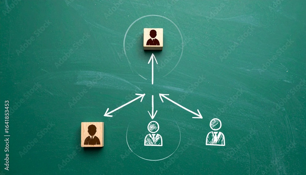 Poster an organizational chart illustrating a hierarchical structure, with wooden blocks and drawn figures 