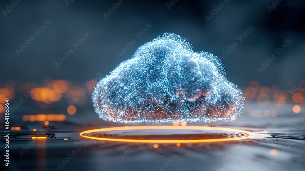 Poster cloud computing concept: digital cloud floating above illuminated surface, representing data storage