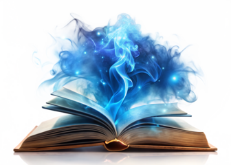 magic book with blue magical smoke isolated on white background PNG , AI GENERATED