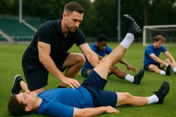 Team physiotherapy session on a soccer field with a physiotherapist stretching a soccer player's leg while other players warm up