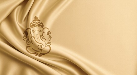 Stylized cultural deity symbol illustration on a golden draped fabric background with copy space.