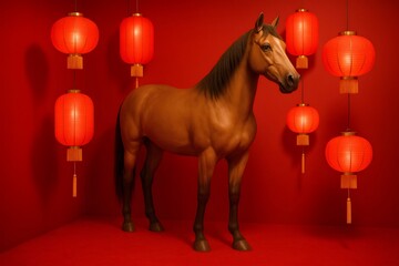 Brown horse standing in a red room illuminated by hanging traditional chinese lanterns celebrating the Lunar New Year