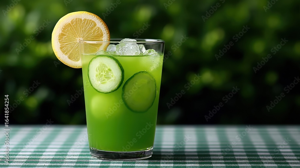 Poster a green drink with cucumber slices and a lemon slice on top