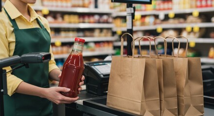 Supermarket checkout scene featuring cashier scanning ketchup near kraft bags