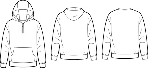 Hoodie and sweatshirt technical sketch, front and back view, flat vector template, CAD drawing, apparel design, fashion illustration