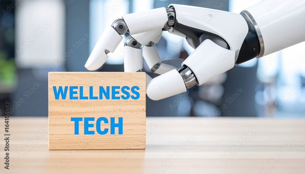 Poster robot hand interacting with a wooden block that reads wellness tech, showing a blend of technology a