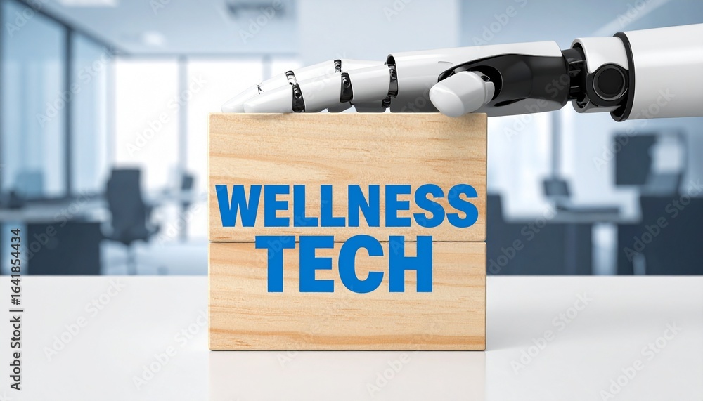 Poster a robotic hand gently rests upon a wooden block displaying the words wellness tech. the scene convey