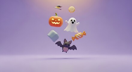 Whimsical Halloween Delight: Enchanting Floating Icons Featuring a Playful Pumpkin, Cheerful Ghost, Adorable Bat, Spooky Candy, and Festive Treats Against a Magical Purple Background
