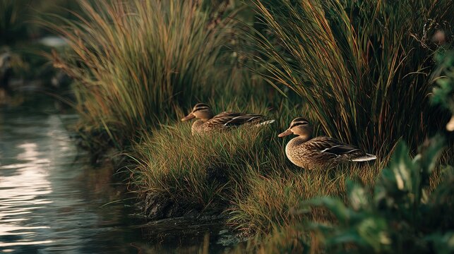 Two mallard ducks resting in lush green grass beside reflective water waterfowl - Powered by Adobe