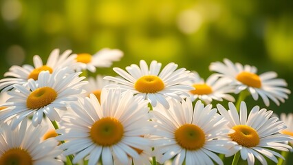 Fototapeta premium Fresh daisies bathed in sunlight with a soft green background, showcasing delicate petals in close-up.