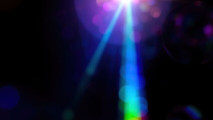 Blurred rainbow refraction overlay effect. Light lens prism effect on black background. Holographic reflection, crystal flare leak shadow overlay. Colorful rainbow disco ball light