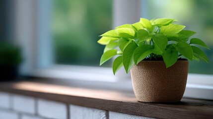 A potted plant sits on a wooden shelf by a window