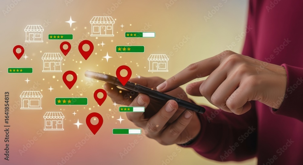 Poster man using smartphone for local business search with location pin and rating overlay illustration