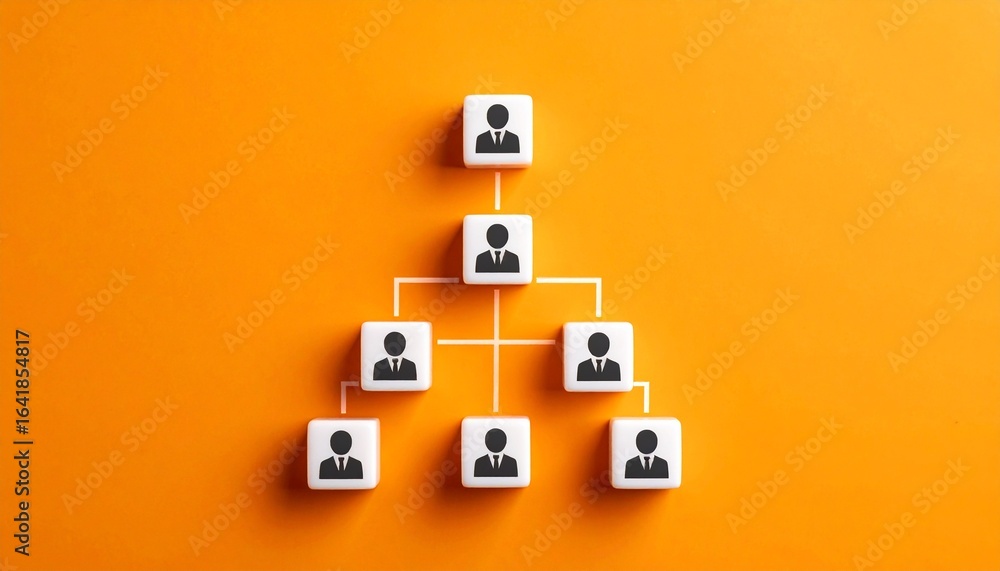 Poster organizational structure: illustrating a hierarchical system with human figures and a vivid orange b