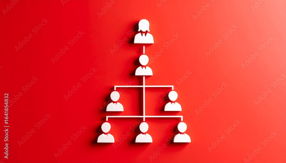 Poster an organizational chart with people icons on a red background. the chart depicts a hierarchical stru