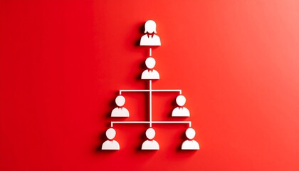 An organizational chart with people icons on a red background. The chart depicts a hierarchical structure, illustrating relationships and reporting lines.