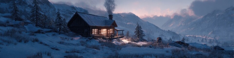 Escape to cozy winter cabin retreat nestled in snow covered mountains at sunset