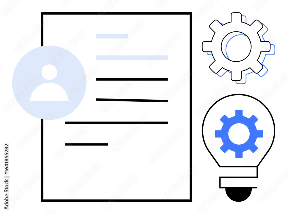Poster document with user profile icon, gear signifying process, lightbulb highlighting ideas. ideal for pr