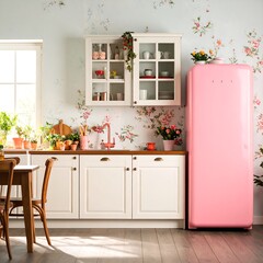 Fototapeta premium Pink Retro Fridge in Floral Kitchen