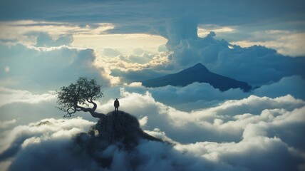 Man standing on rocky peak amidst clouds, gazing at distant mountain under dramatic sky