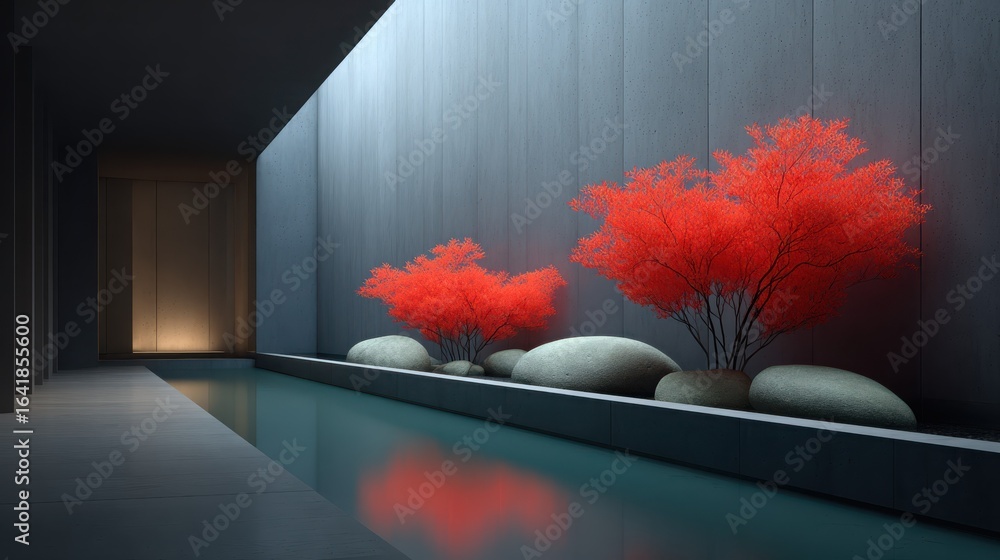 Aufkleber a long hallway with a red tree in the middle and two other trees on either side