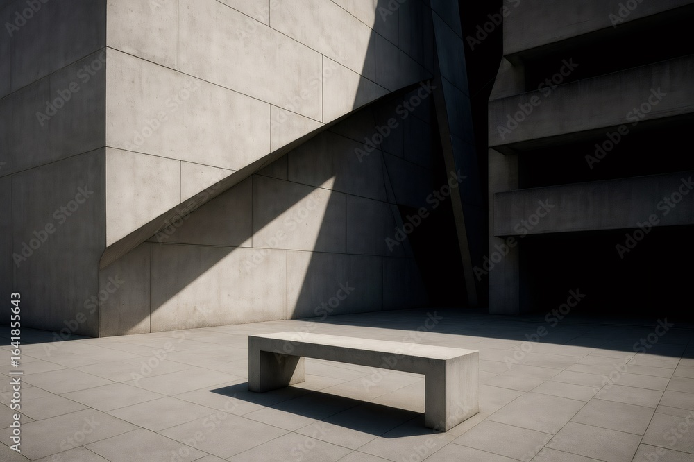 Poster modern urban architecture featuring a concrete bench in a paved public space, creating a minimalist 