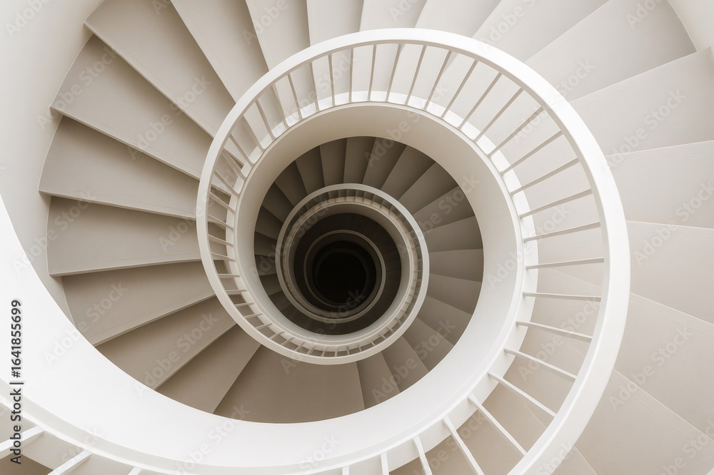 Poster minimalist spiral staircase descending in a circular motion, creating an abstract geometrical patter