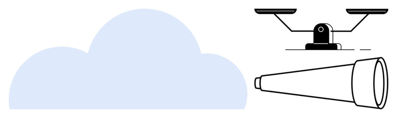 Cloud with balancing scale and telescope representing decision-making, exploration, and technology. Ideal for innovation, strategy, analytics, future, opportunity, progress minimalistic concept