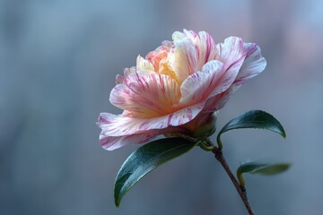Fototapeta premium Delicate pink and yellow camellia flower with green leaves