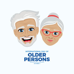 International Day of Older Persons poster vector illustration. Happy elderly senior couple head cartoon. Cheerful old man and woman face vector. Template for background, banner, card. 1 October