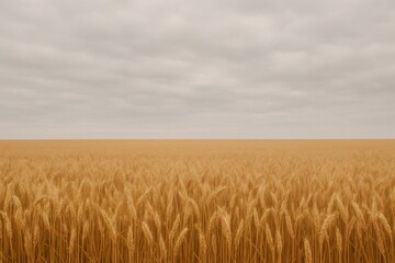 Golden wheat field stretching to the horizon under a cloudy sky, creating a peaceful and serene landscape