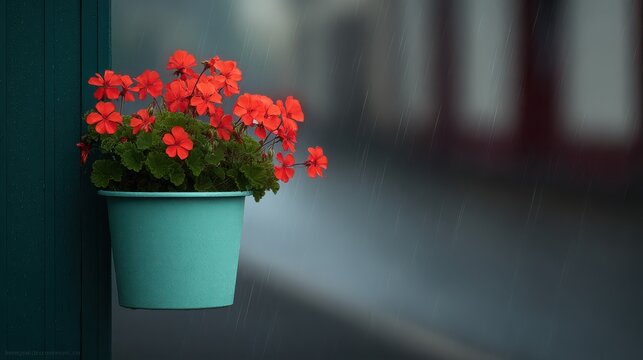 A potted plant with red flowers sits on a blue planter - Powered by Adobe
