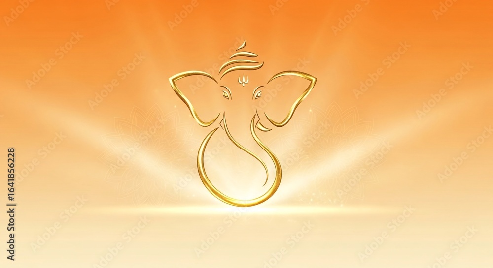 Poster golden stylized elephant head symbol with abstract patterns on an illuminated orange background
