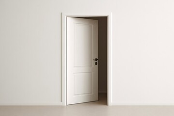 Slightly open white door showing a dark interior in an empty room with white walls and light brown floor